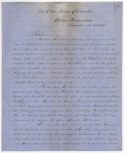 [Carta] 1865 Noviembre 20, [Valparaíso] [al] Señor Don Alvaro Covarrubias Corbeta Esmeralda