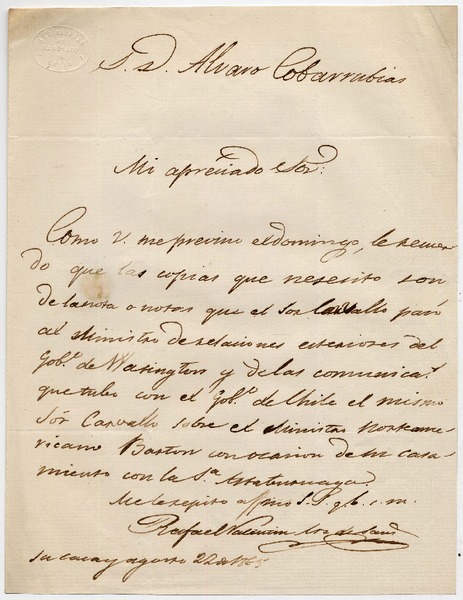 [Carta] 1865 agosto 22, [Santiago?] [a] D. Alvaro Covarrubias Mi apreciado Sor