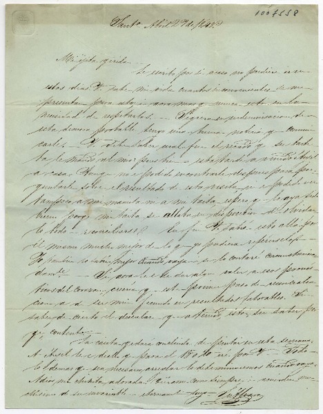 [Carta] 1848 Abril 29, Santiago [a] Benigna Ortúzar