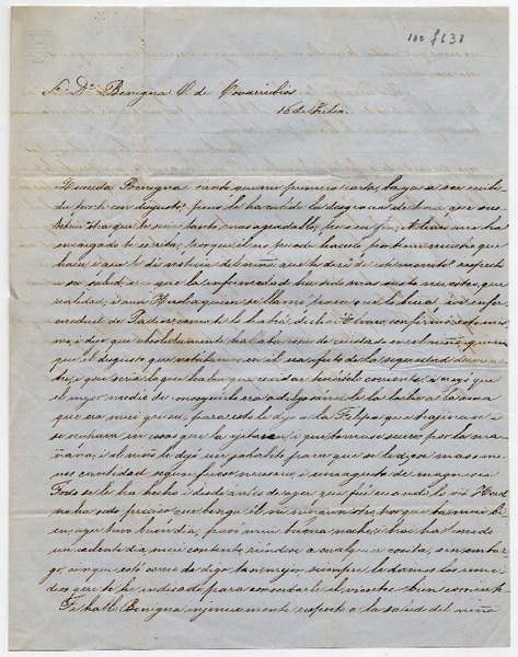 [Carta] [1852] Julio 16, [Santiago] [a] Benigna O. de Covarrubias