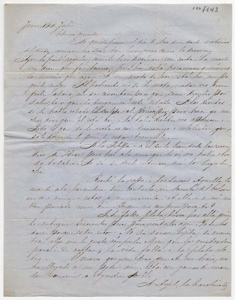 [Carta] [1852] Julio 15, [Santiago] [a] Benigna Ortúzar de Covarrubias