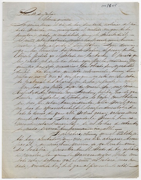[Carta] [1852] Julio 12, Santiago, [a] Benigna Ortúzar de Covarrubias.