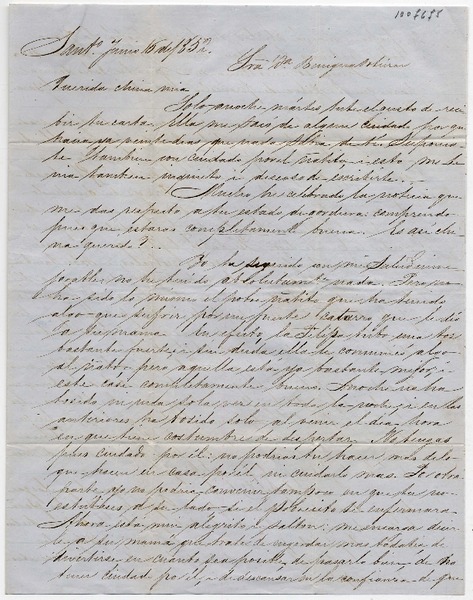 [Carta] 1852 Junio 16, Sant[iag]o Sra. Da. Benigna Ortúzar