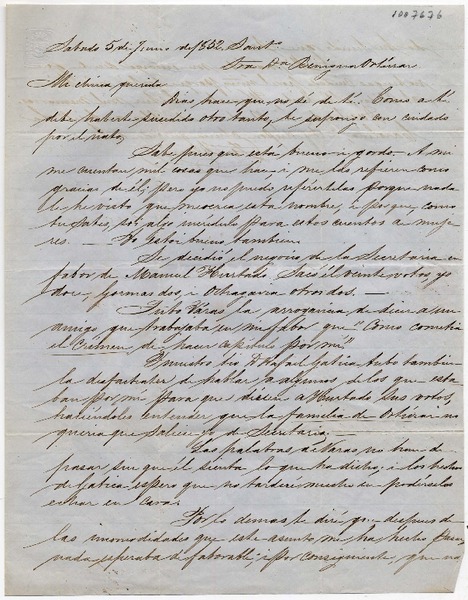 [Carta] 1852 Junio Sabado 5, Sant[iag]o Sra. Da. Benigna Ortúzar
