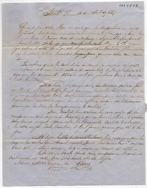 [Carta] 1854 Abril 10 Lunes, Sant[iag]o Sra. Da. Benigna Ortuzar de Covarrúbias