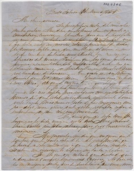 [Carta] 1854 Marzo 18 Sábado, Sant[iag]o Sra. Da. Benigna Ortuzar de Covarrúbias