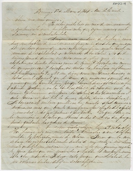 [Carta] 1854 Marzo 12 Domingo -once de la noche- [Santiago] Sra. Da. Benigna Ortuzar de Covarrúbias