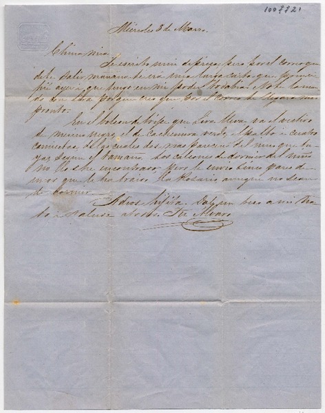 [Carta] [1854] Marzo 8 Miércoles, [Santiago] Señora Doña Benigna Ortúzar de Covarrúbias