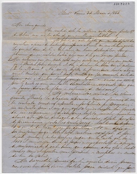 [Carta] 1854 Marzo 3 Viernes, Sant[iag]o Sra. Da. Benigna Ortúzar de Covarrúbias