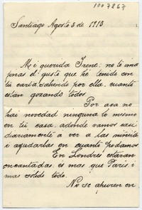 [Carta] 1913 Agosto 8, Santiago [para Doña Irene Lazcano Echaurren]