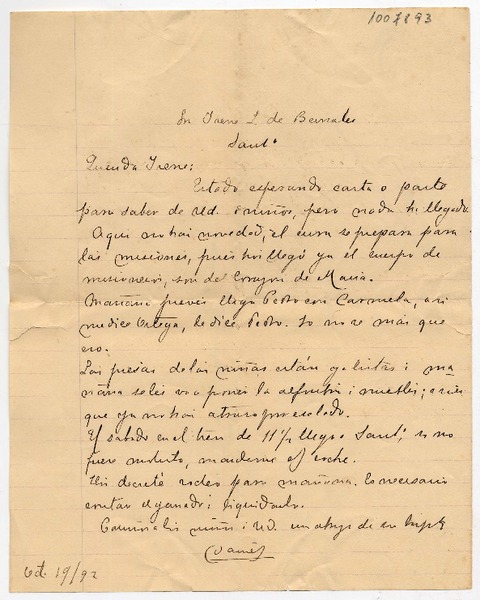 [Carta] [18]92 Oct[ubre] 19, [Malloa?] Sra. Irene L. de Bernales