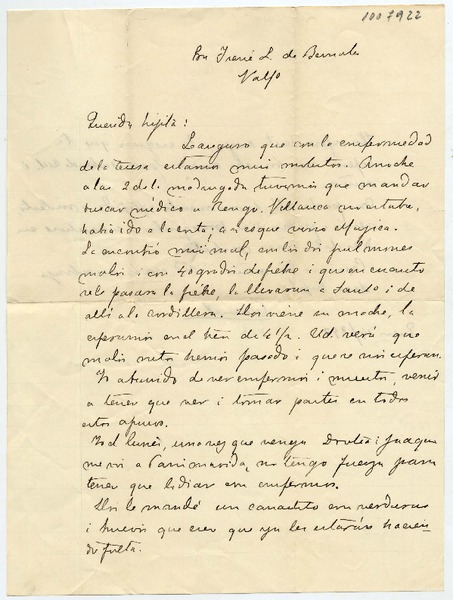 [Carta] 1892 Enero 14, Valp[araís]o Para Irene L. de Bernales