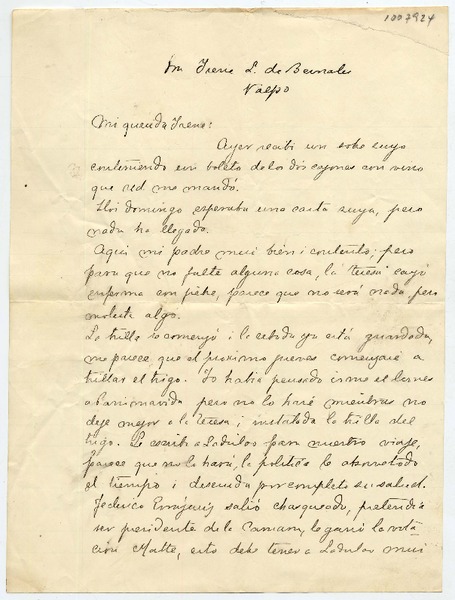 [Carta] 1892 Enero 10, Valp[araís]o P[a]ra Irene L. de Bernales