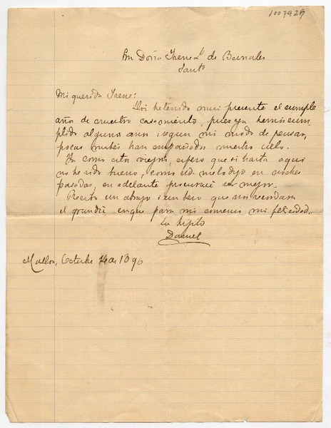 [Carta] 1896 Octubre 14, Sant[iag]o Mi Doña Irene L. de Bernales