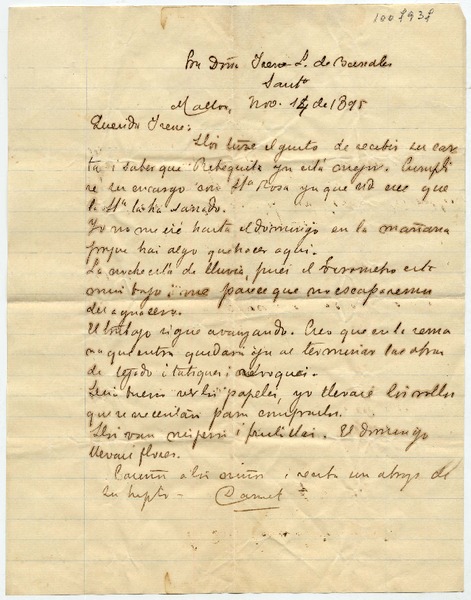 [Carta] 1895 Nov[iembre] 14, Malloa Par[a] Doña Irene L. de Bernales