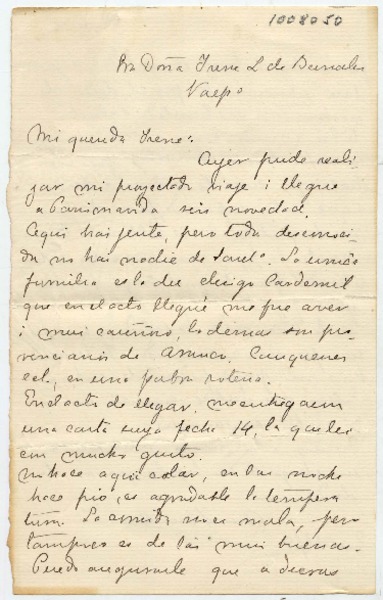 [Carta] [18]91 Enero 16, [Santiago?] Par[a] Doña Irene L. de Bernales Valp[araís]o