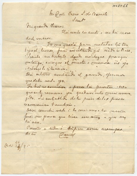 [Carta] [18]95 Nov[iembre] 24, [Malloa?] Par[a] Doña Irene L. de Bernales