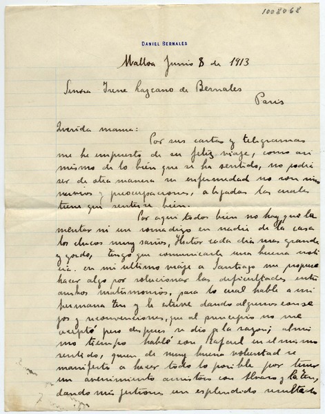 [Carta] 1913 Junio 8, Malloa Señora Irene Lazcano de Bernales Paris