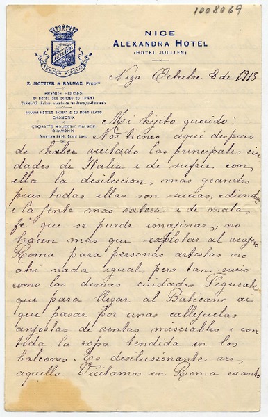 [Carta] 1915 Octubre 8, Niza Mi hijito querido