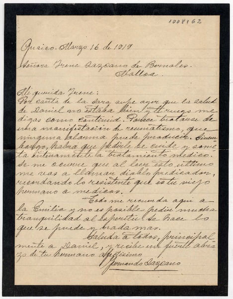 [Carta] 1919 marzo 16, Guaico [a] Señora Irene Lazcano de Bernales
