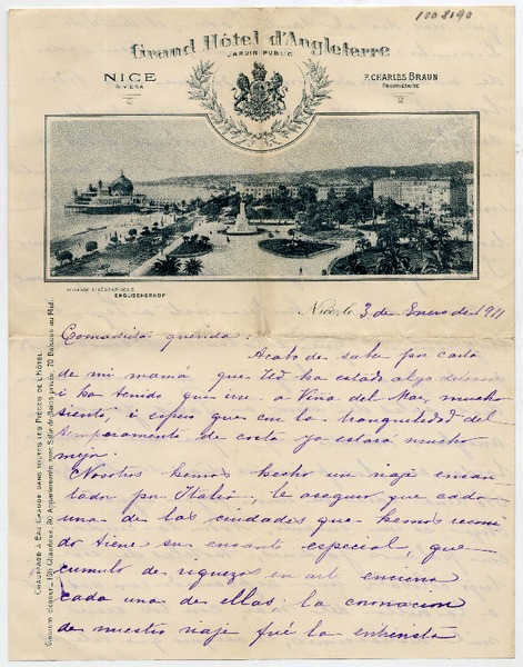 [Carta] 1911 enero 3, Niza [a Irene Lazcano Echaurren]