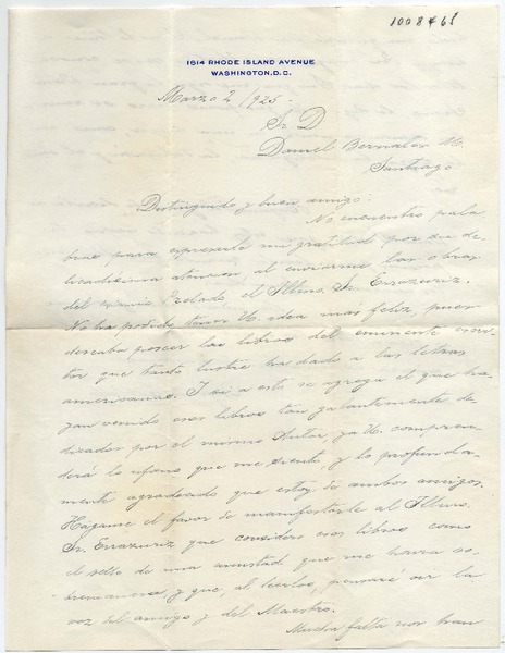 [Carta] 1925 Marzo 2, Washington [a] Daniel Bernales Mancheño : 2 de marzo 1925