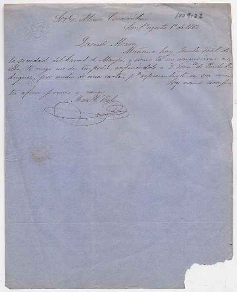 [Carta] 1867 agosto 1° Santiago [a] Alvaro Covarrubias
