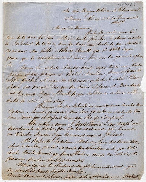 [Carta] 1854 Abril 7, Valparaiso, [a] Benigna O. de Covarrubias :