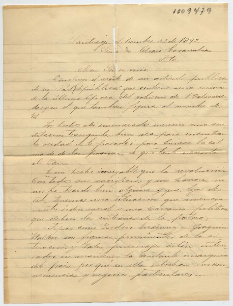 [Carta] 1892 Setiembre 23, Santiago Señor Dn. Alvaro Covarrubias