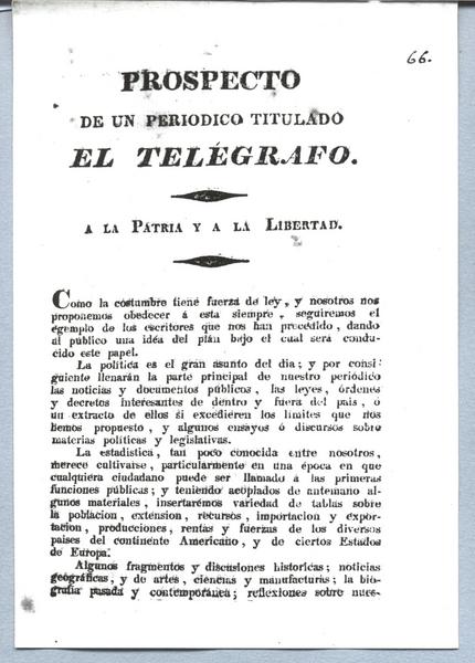 Prospecto de un periódico titulado El Telégrafo, a la patria y a la libertad