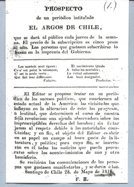 Prospecto de un periódico titulado El Argos de Chile