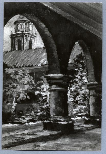[Dibujo de los arcos de piedra que se encuentran en el jardín del patio interior del Convento y la torre la Iglesia de San Francisco]