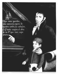 [Ramón Martínez de Luco y Caldera, retrato del personaje junto a su hijo José Fabián, mirando un mensaje "Hijos mios queridos, esta memoria..."]