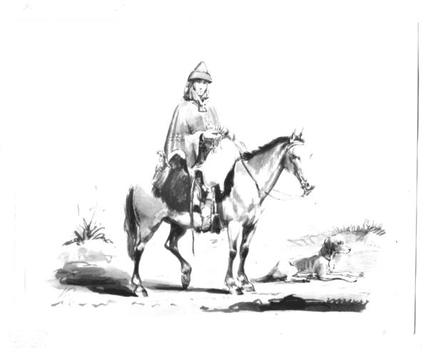[Campesino montado a caballo, acompañado con un perro, dibujo]