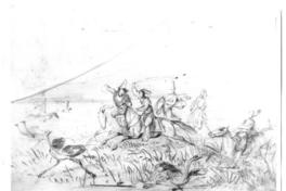 [Escena de cacería de aves por grupo de hombres montados a caballo, dibujo]