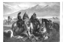 [Huasos descansando, hombres en sus caballos y otros sentados en el suelo, pintura titulada "Rodeo de huasos del Maule"]