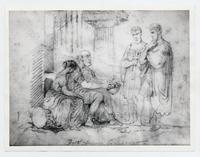 [Dibujo de dos hombres parados y otro sentado junto a una mujer, con vestimentas como romanos, de fondo unas columnas griegas]