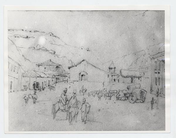 [Dibujo de una calle de Valparaíso, se divisan unos hombres a caballo y unos carruajes. De fondo, los cerros. Siglo 19]