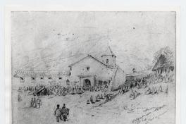 [Dibujo de una iglesia con peregrinos en procesión de la Virgen Carmen en Valparaíso, siglo 19]