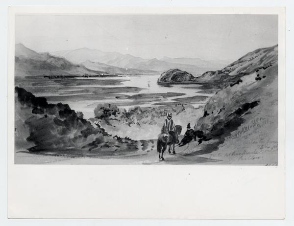 [Vista del Río Maule y Río Claro, con un campesino bajando por un camino]