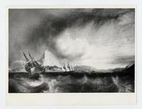 [Pintura de una marina en un día de tormenta con embarcaciones navegando, "Entrada a la rada de Río de Janeiro"]