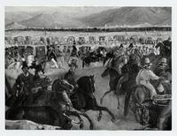 [Celebración de fiestas patrias, detalle de la imagen, hombres a caballo y unos carruajes; titulada "Llegada del Presidente Prieto a la Pampilla"]