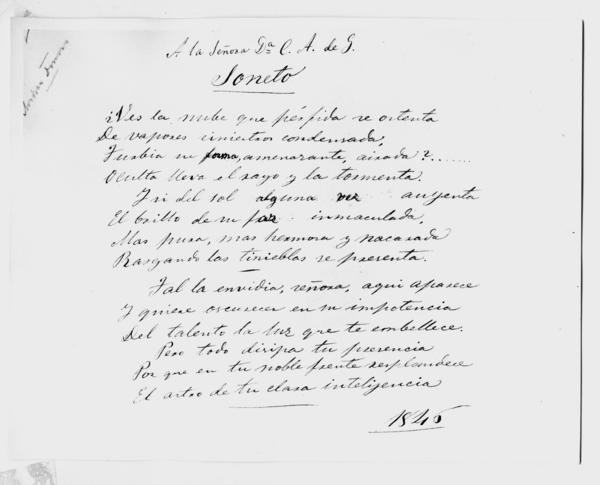 [Manuscrito titulado "Soneto. Dedicado a la señora C. A. de G., 1845"]