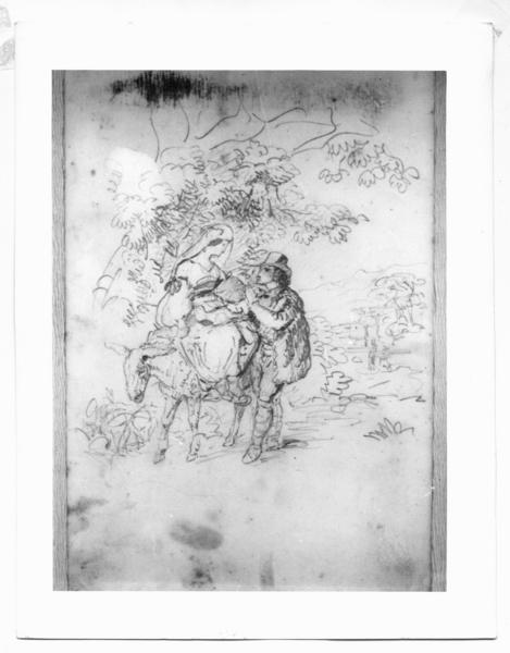 [Dibujo de un retrato de una pareja, la mujer sobre una mula y el hombre junto a ella, en un bosque]