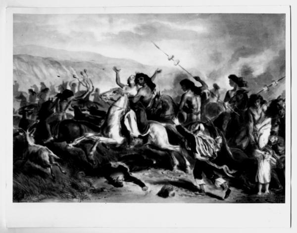 [Batalla entre los mapuches y los españoles, titulado "El Malón"]