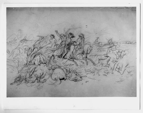 [Dibujo de una batalla del pueblo araucano, "El ataque de los indios a un puesto chileno"