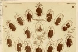 [Retratos de varios hombres, en marcos ovalados, correspondientes al personal de la "Biblioteca Nacional", destacando Luis Montt, director en 1906 y Ramón Laval Alvear]