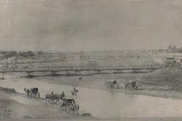 [Paraje rural: Un puente que atraviesa el río, en sus orillas se observan hombres con sus carretas y coches con caballos]