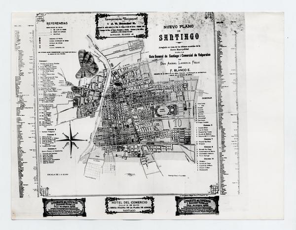 Nuevo plano de Santiago arreglado en vista de los ultimos acuerdos de la Ilustre Municipalidad para la Guía General de Santiago y Comercial de Valparaíso de Don Aníbal Labarca Feliú por F. Blanco E., Ingeniero de la Dirección de Obras Públicas i ex-Profesor de Matemáticas i Dibujo de la Escuela de Artes de Chile 1895