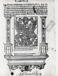 [Reproducción fotográfica de una lámina impresa con una ilustración de un escudo español, el texto está en español antiguo y latín]
